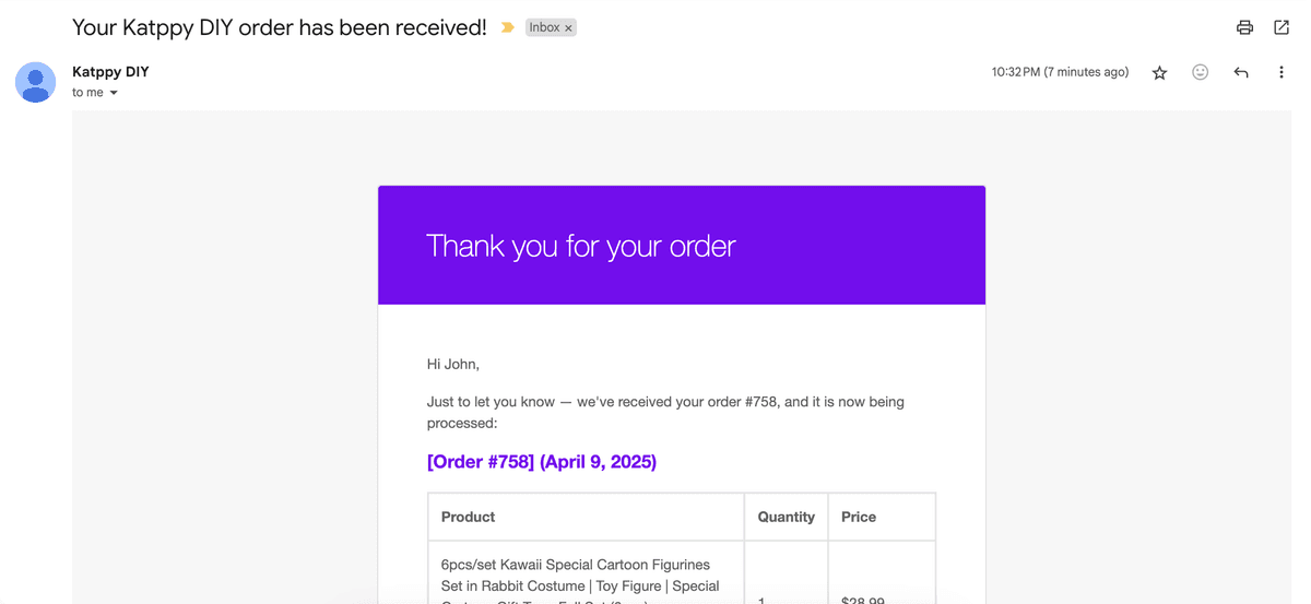 Email sample for order confirmation
